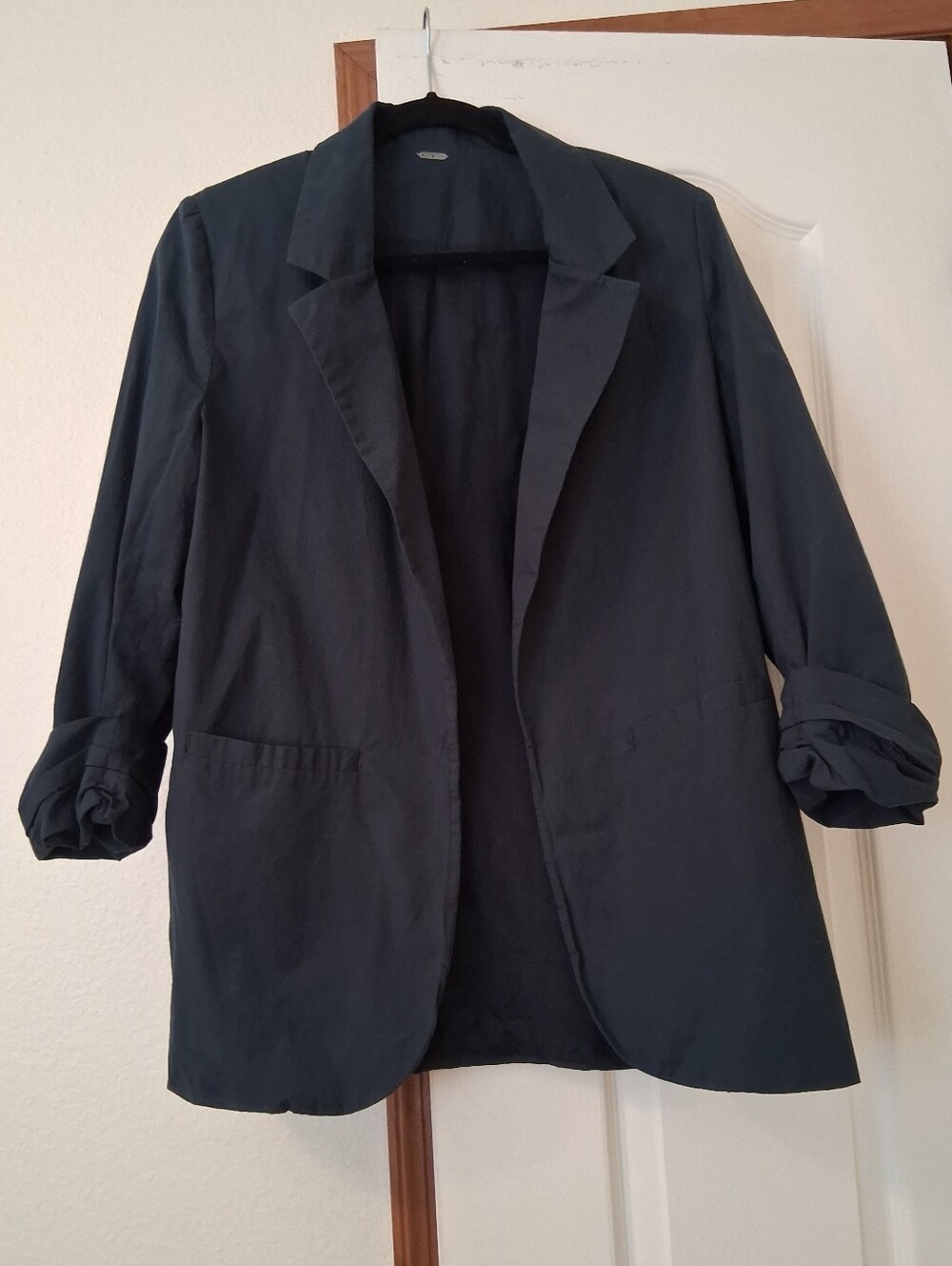 Chan Luu Navy Blue Open Front Cardigan Blazer Jacket Pockets Cotton Ruched Hem
